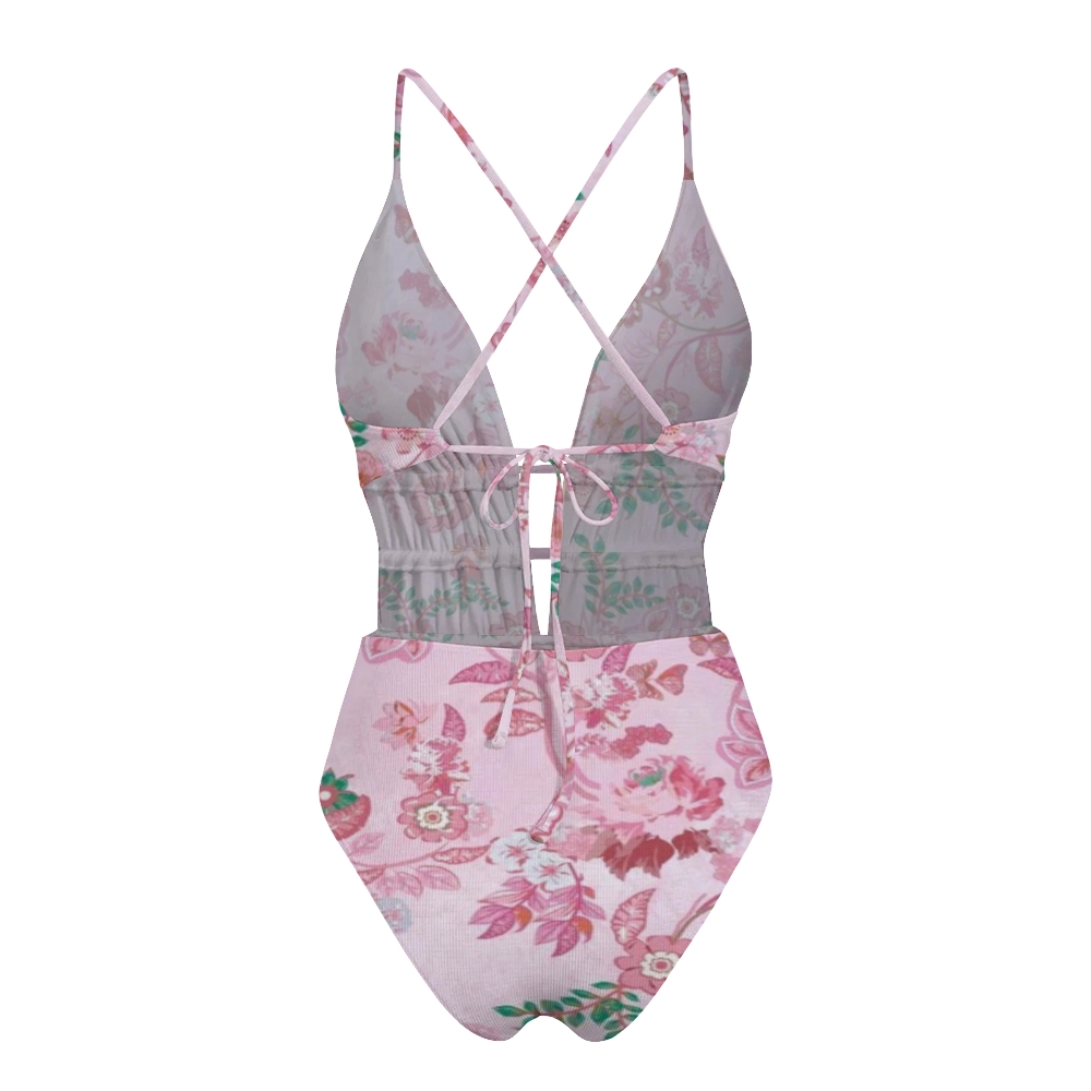 Pink Floral Butterfly Print Plunge One-Piece Swimsuit