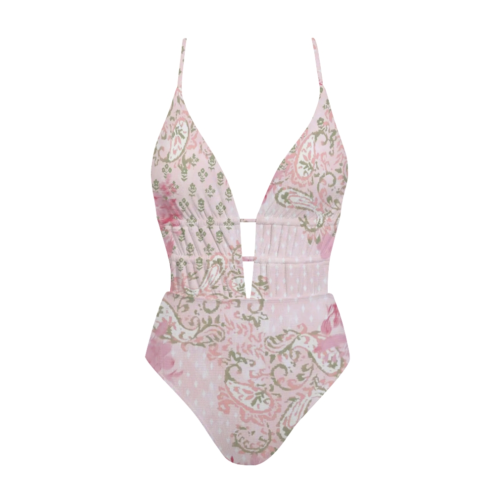 Pink Green Paisley Print Plunge One-Piece Swimsuit