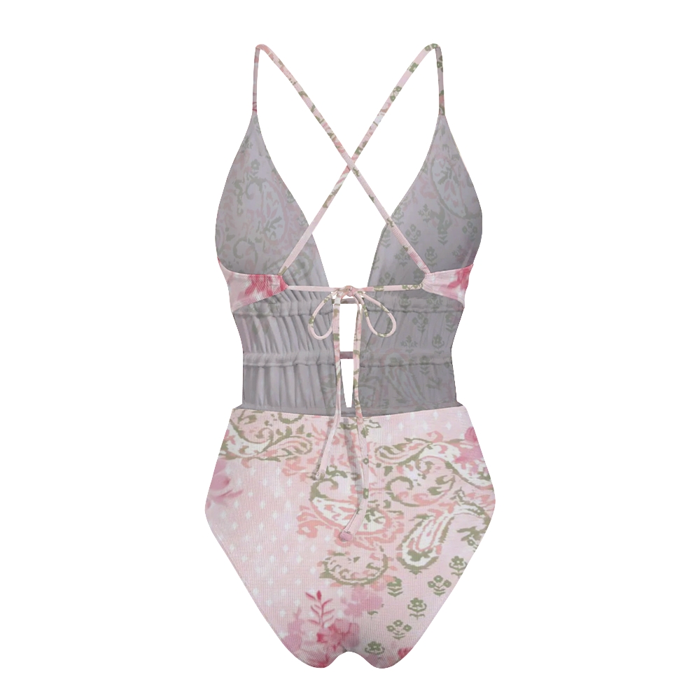 Pink Green Paisley Print Plunge One-Piece Swimsuit