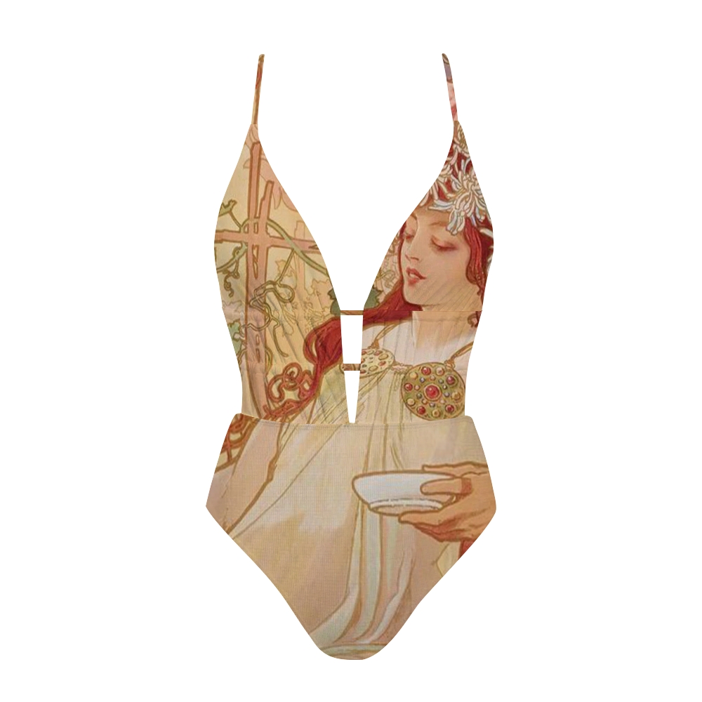 Mucha Goddess Print Plunge One-Piece Swimsuit