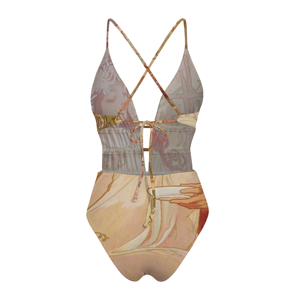 Mucha Goddess Print Plunge One-Piece Swimsuit