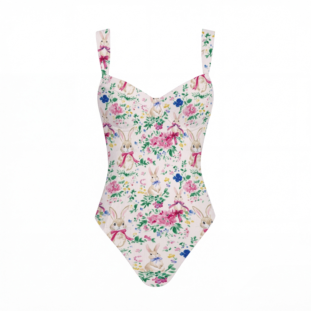 Easter Bunny Garden Print Cross Back Tummy Control One-Piece Swimsuit