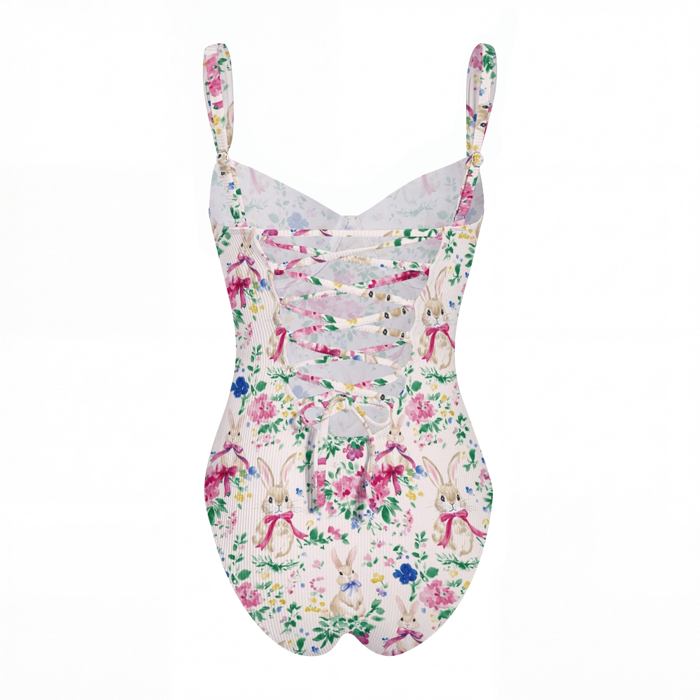 Easter Bunny Garden Print Cross Back Tummy Control One-Piece Swimsuit