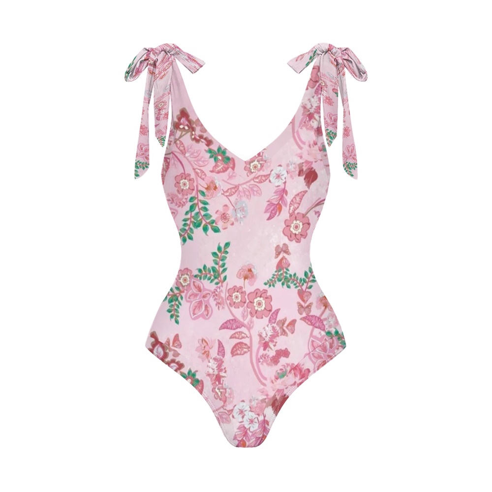 Women's Pink Floral Butterfly Print One Piece Swimsuits and Cover Ups