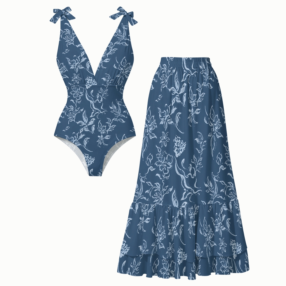 Blue Botanical Floral Print Deep V One Piece Swimsuit With Matching Skirt