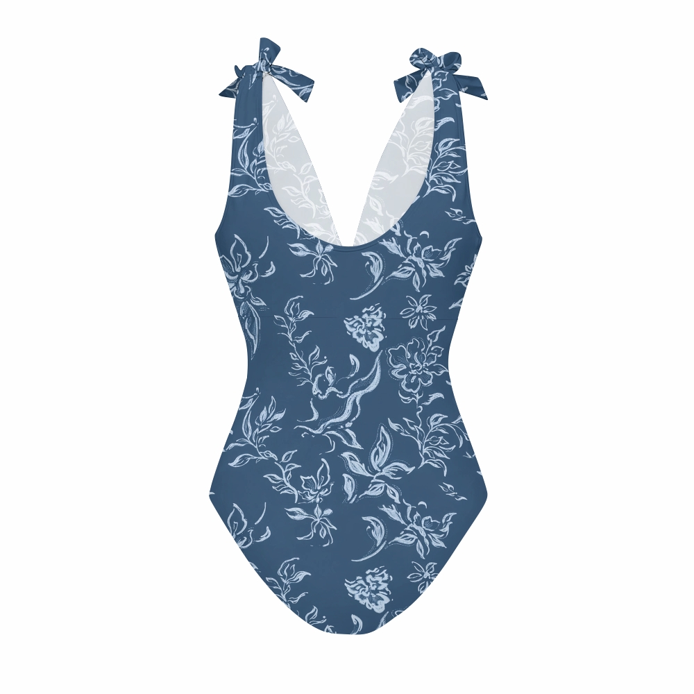 Blue Botanical Floral Print Deep V One Piece Swimsuit With Matching Skirt