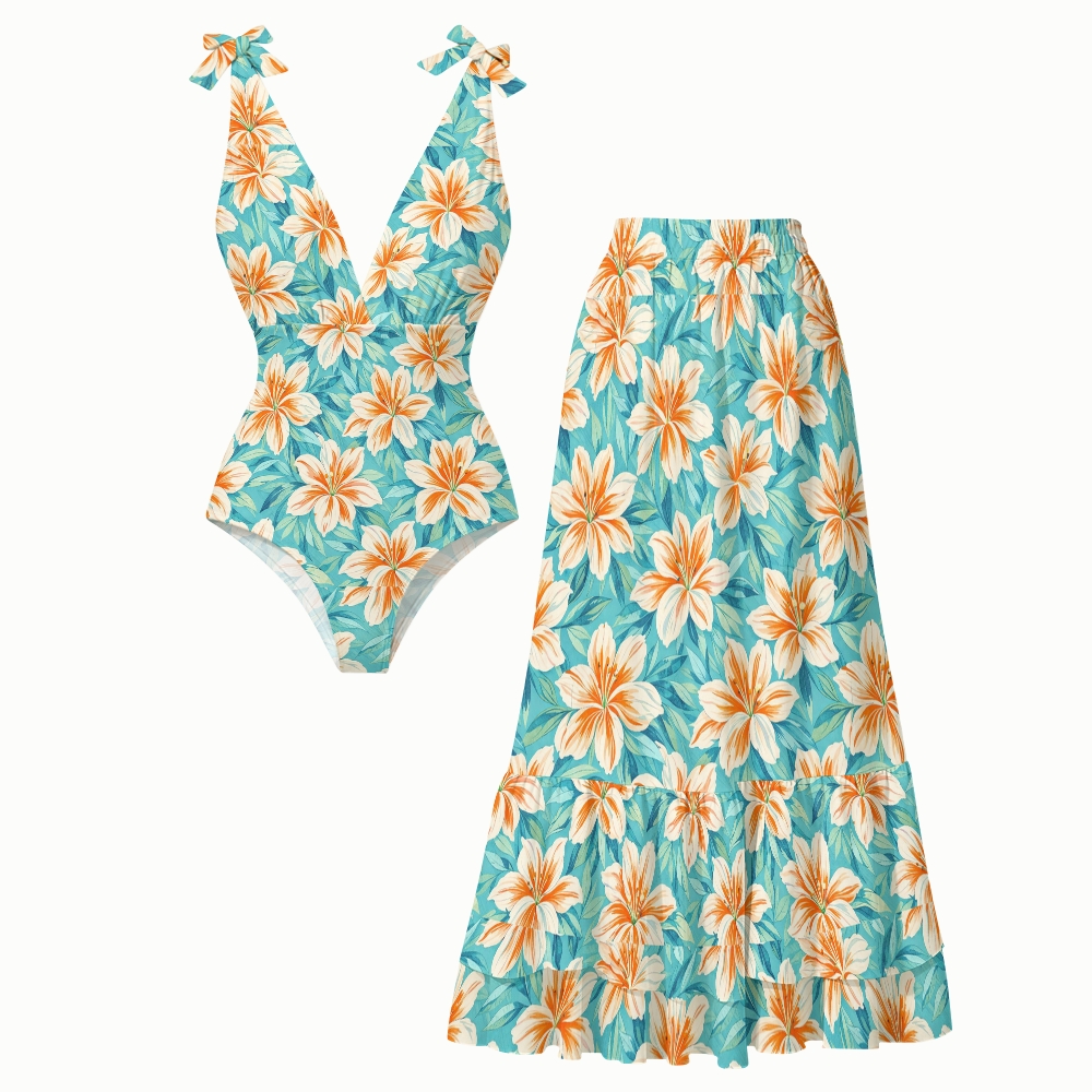 Turquoise Tropical Lily Print Deep V One Piece Swimsuit With Matching Skirt