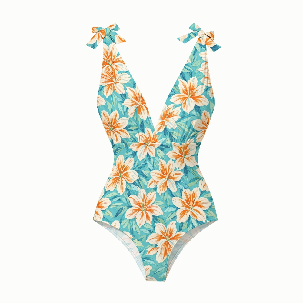 Turquoise Tropical Lily Print Deep V One Piece Swimsuit With Matching Skirt