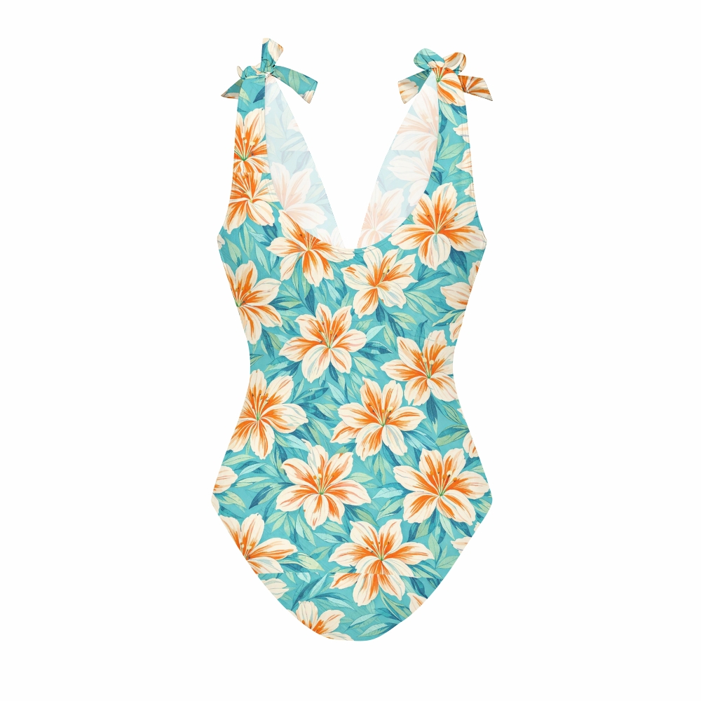 Turquoise Tropical Lily Print Deep V One Piece Swimsuit With Matching Skirt