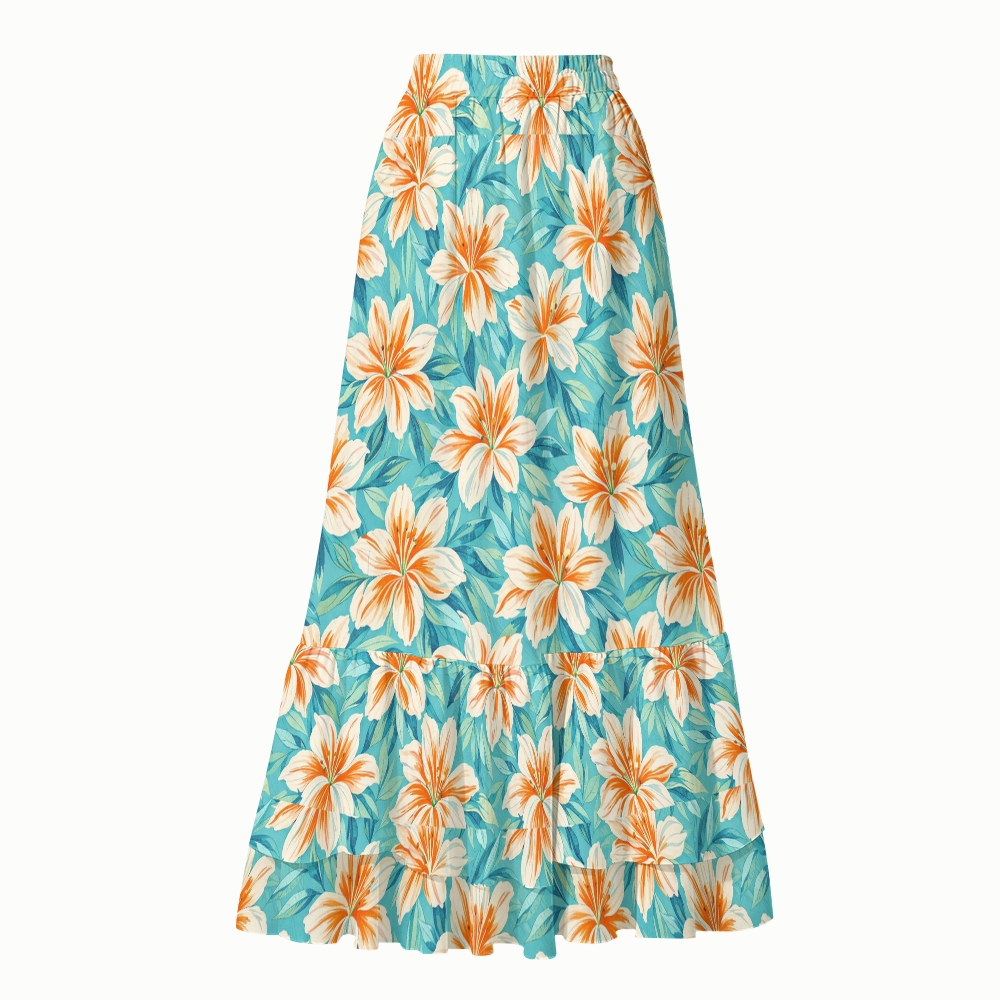 Turquoise Tropical Lily Print Deep V One Piece Swimsuit With Matching Skirt