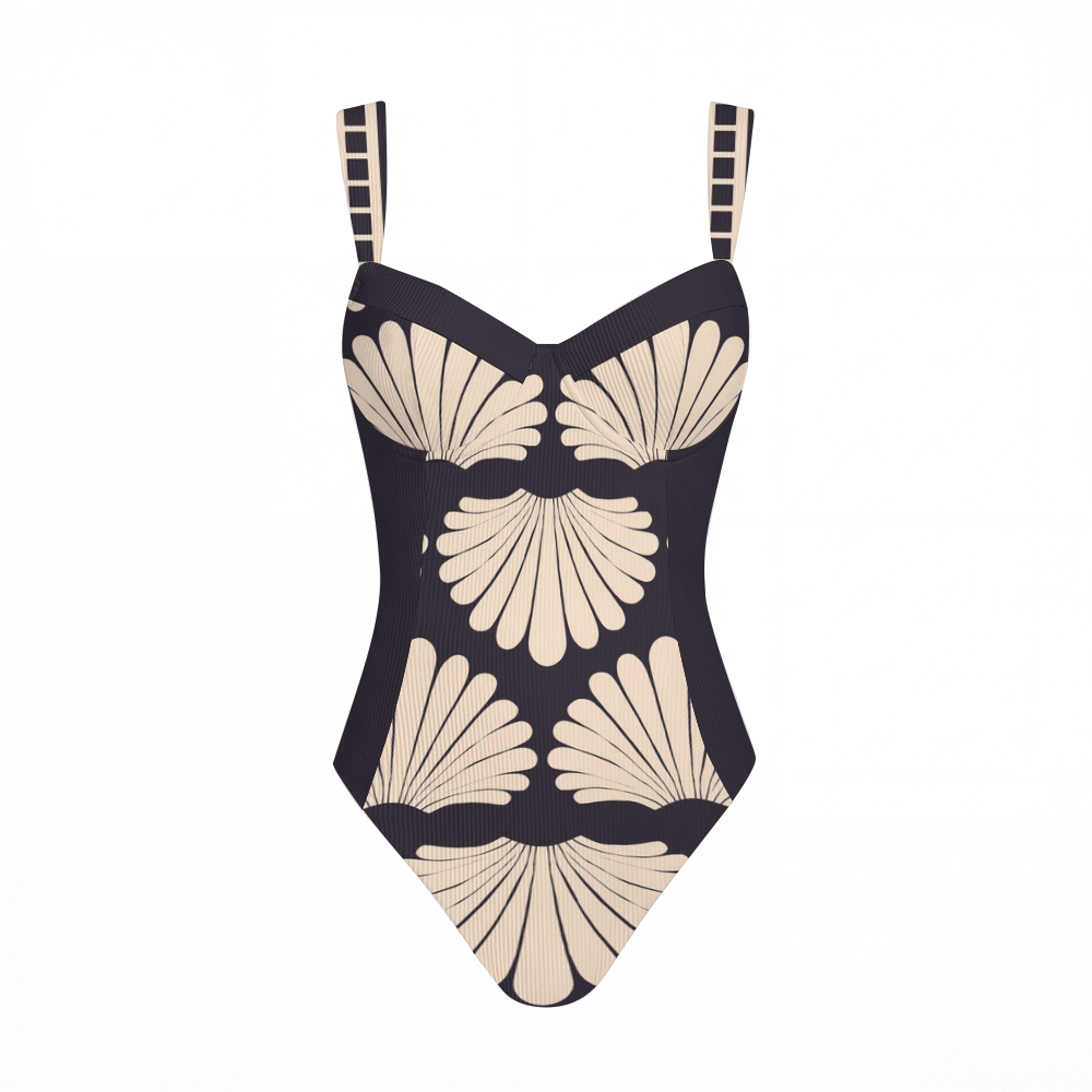 Shell Fan Print Cross Back Tummy Control One-Piece Swimsuit
