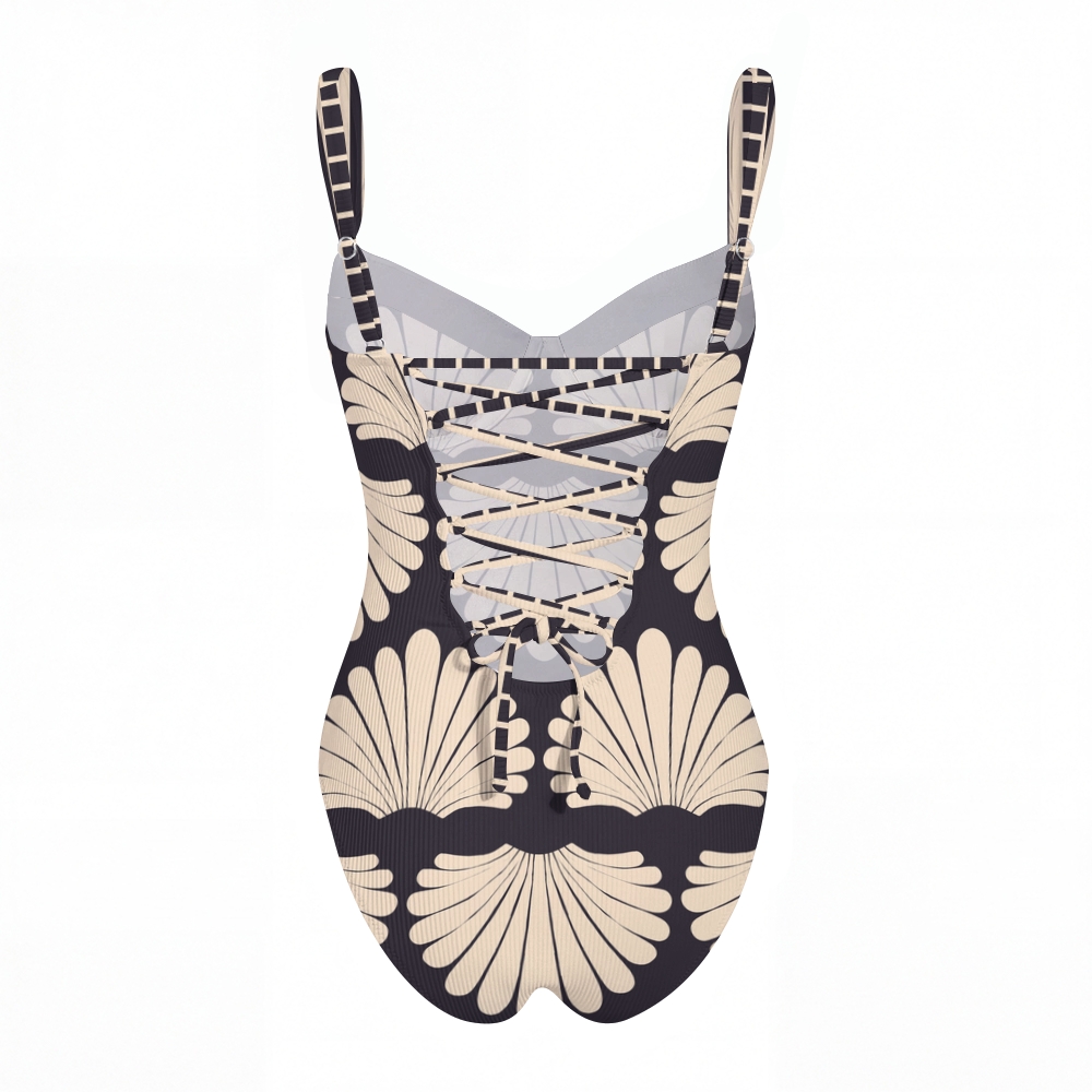 Shell Fan Print Cross Back Tummy Control One-Piece Swimsuit