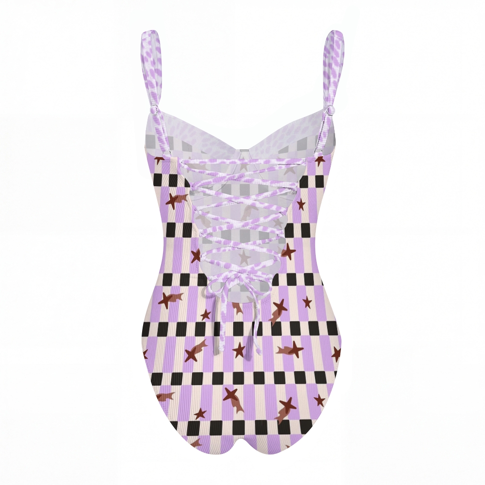 Purple Check Starfish Print Cross Back Tummy Control One-Piece Swimsuit