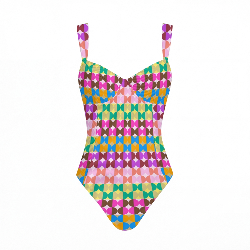 Multicolor Geometric Tile Print Cross Back Tummy Control One-Piece Swimsuit
