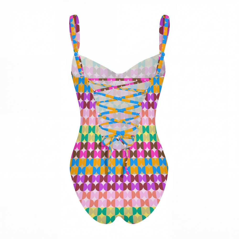 Multicolor Geometric Tile Print Cross Back Tummy Control One-Piece Swimsuit