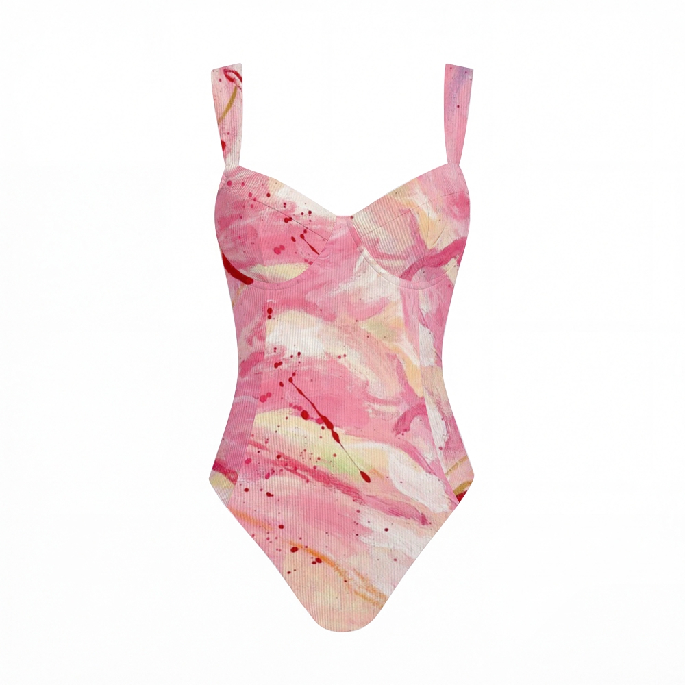 Pink Watercolor Splash Print Cross Back Tummy Control One-Piece Swimsuit
