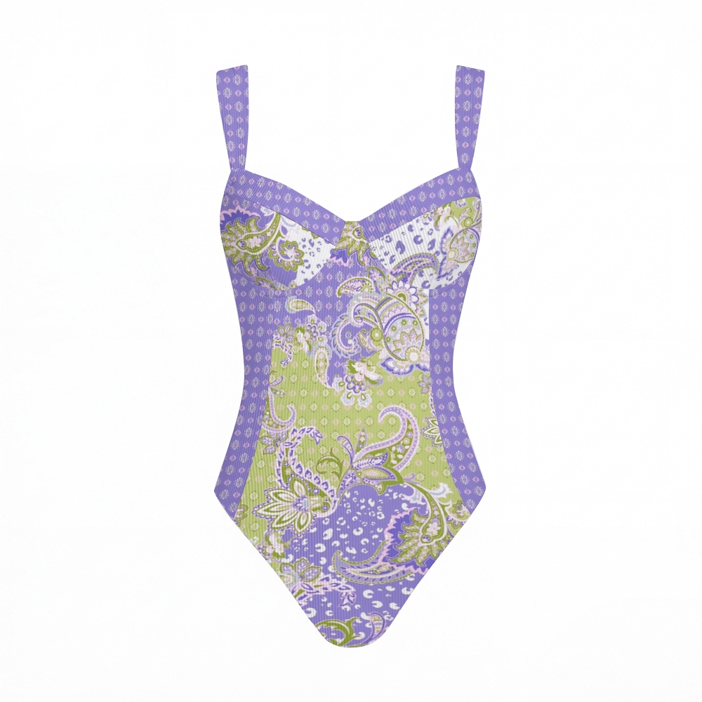 Lilac Paisley Print Cross Back Tummy Control One-Piece Swimsuit