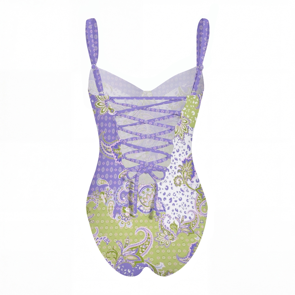 Lilac Paisley Print Cross Back Tummy Control One-Piece Swimsuit