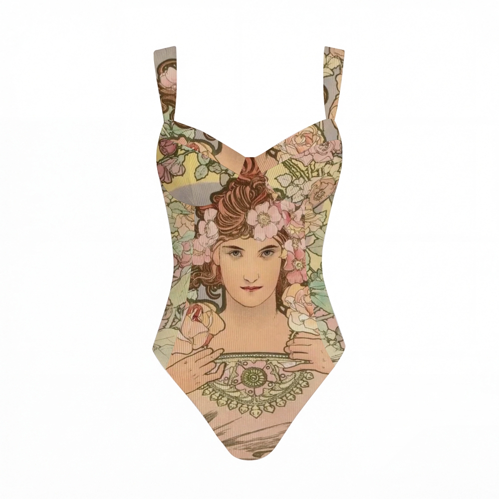 Vintage Lady Floral Print Cross Back Tummy Control One-Piece Swimsuit