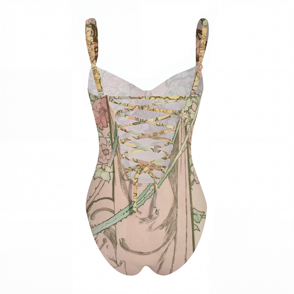 Vintage Lady Floral Print Cross Back Tummy Control One-Piece Swimsuit