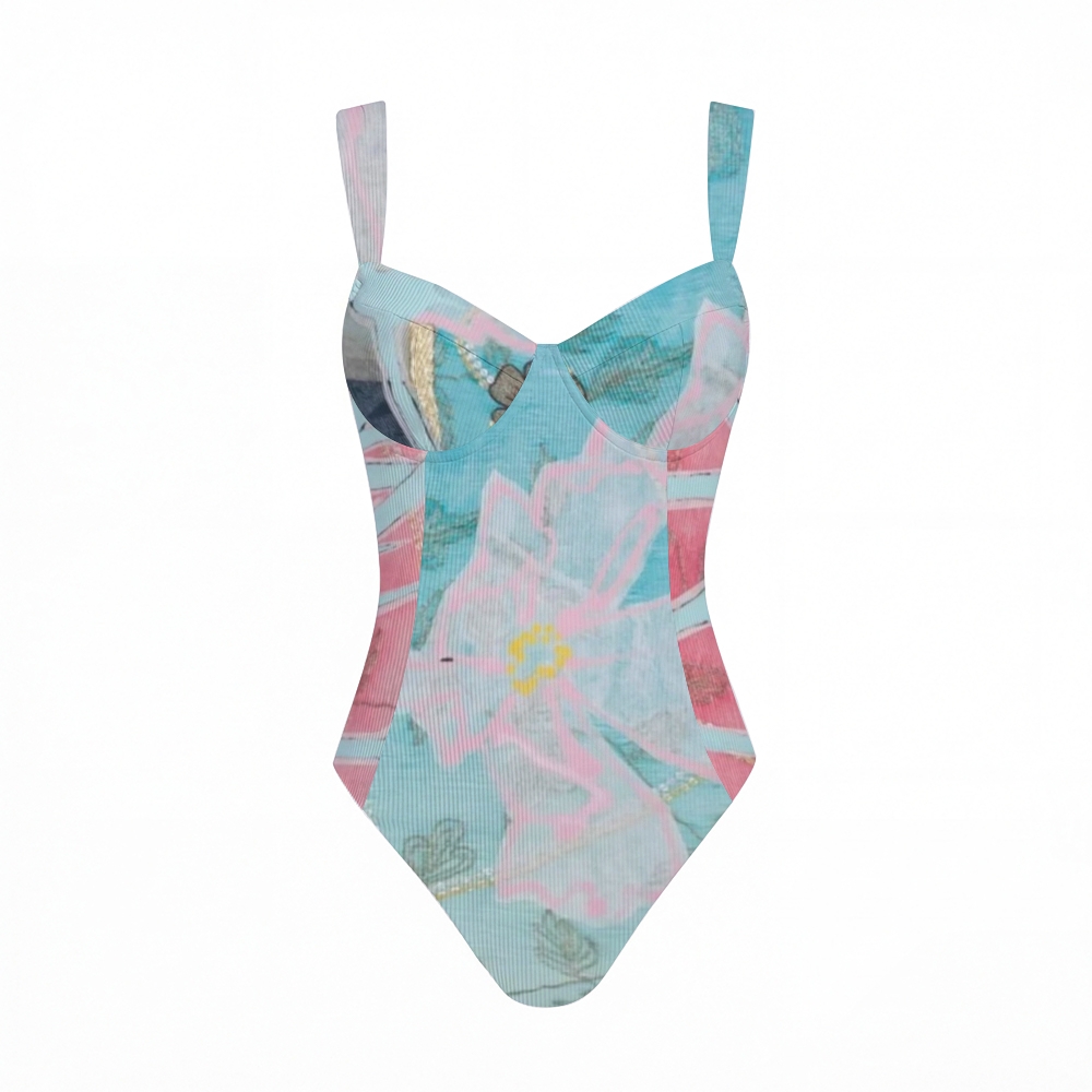 Aqua Pink Abstract Flower Print Cross Back Tummy Control One-Piece Swimsuit