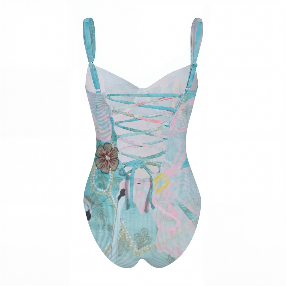 Aqua Pink Abstract Flower Print Cross Back Tummy Control One-Piece Swimsuit