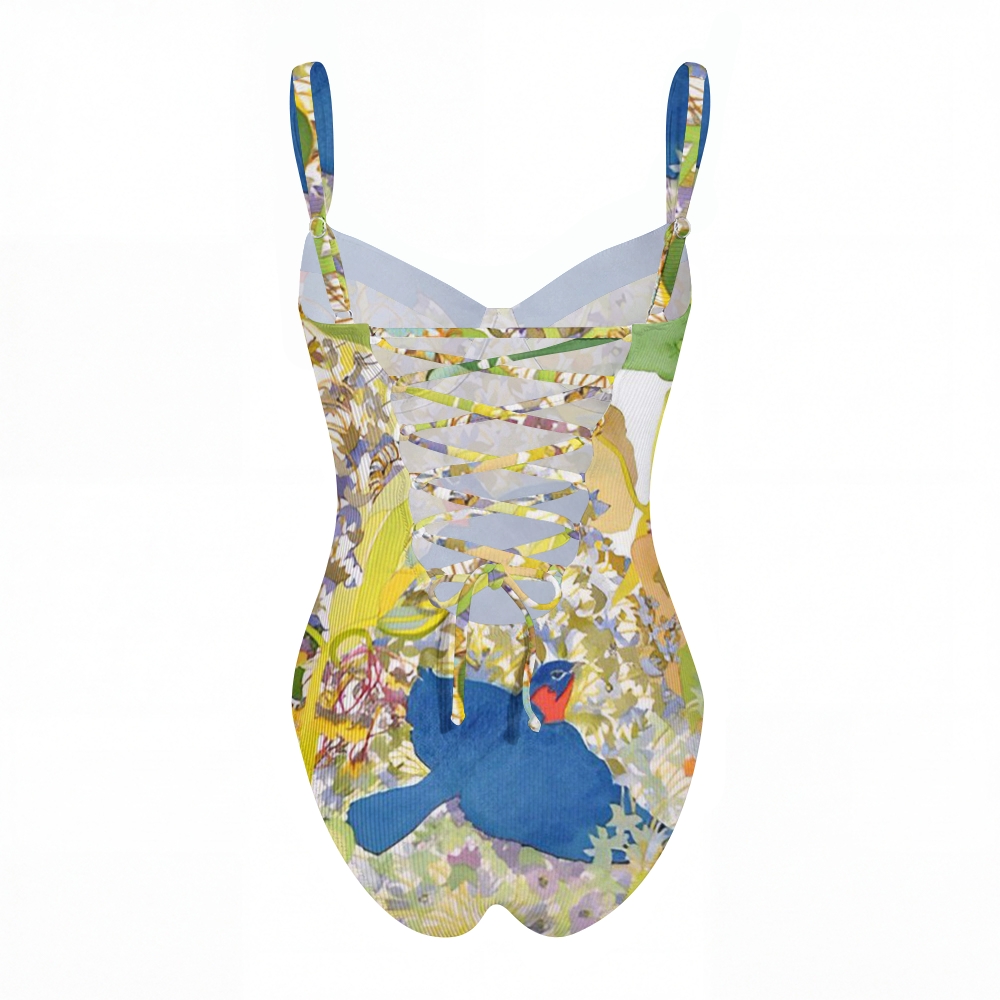 Blue Bird Floral Print Cross Back Tummy Control One-Piece Swimsuit