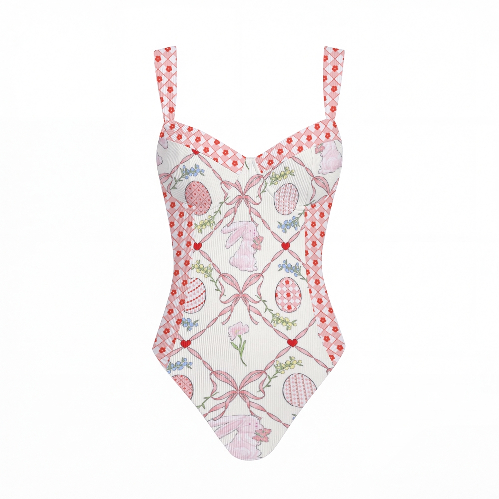 Easter Bunny Ribbon Print Cross Back Tummy Control One-Piece Swimsuit