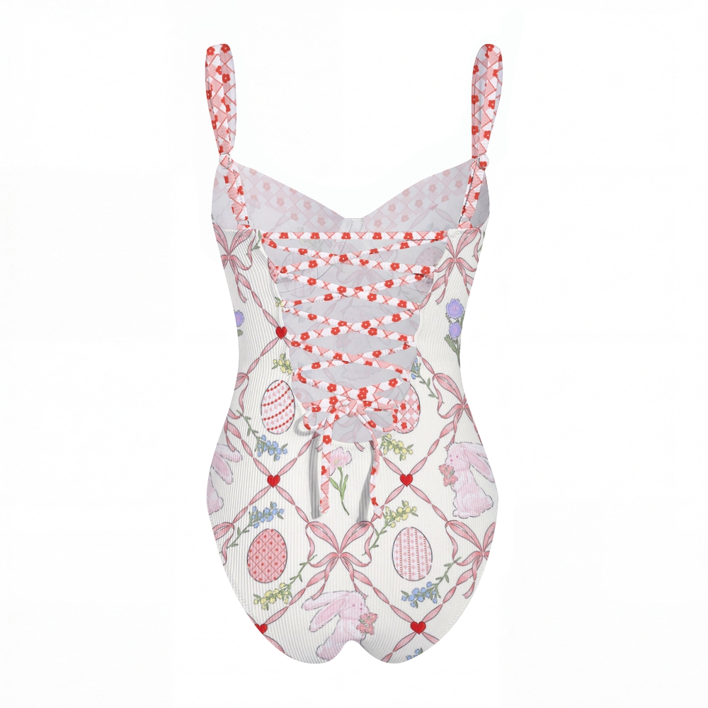 Easter Bunny Ribbon Print Cross Back Tummy Control One-Piece Swimsuit