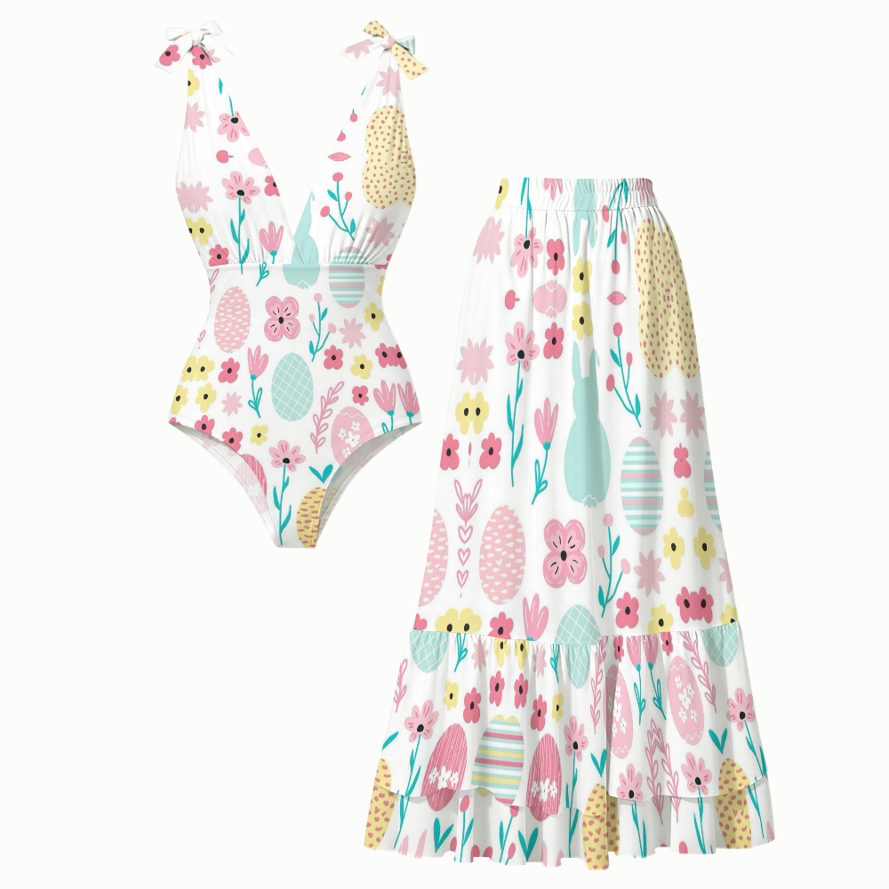 White Base Easter Print Deep V One Piece Swimsuit With Matching Skirt