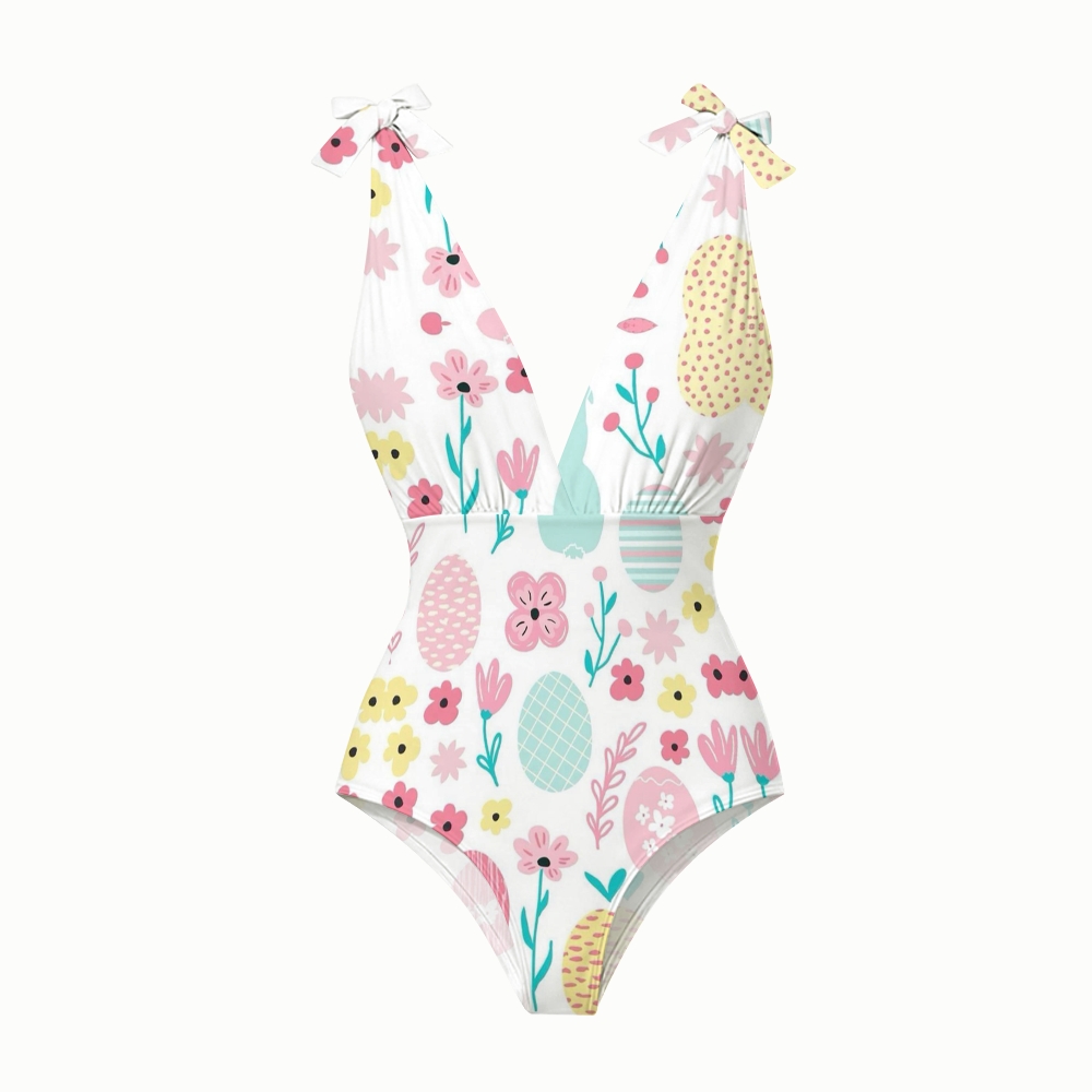 White Base Easter Print Deep V One Piece Swimsuit With Matching Skirt