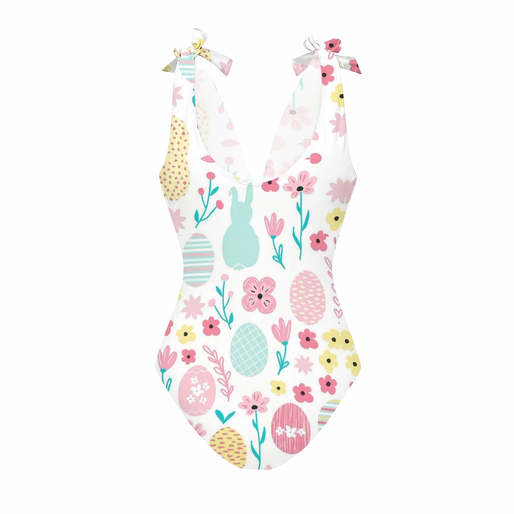 White Base Easter Print Deep V One Piece Swimsuit With Matching Skirt