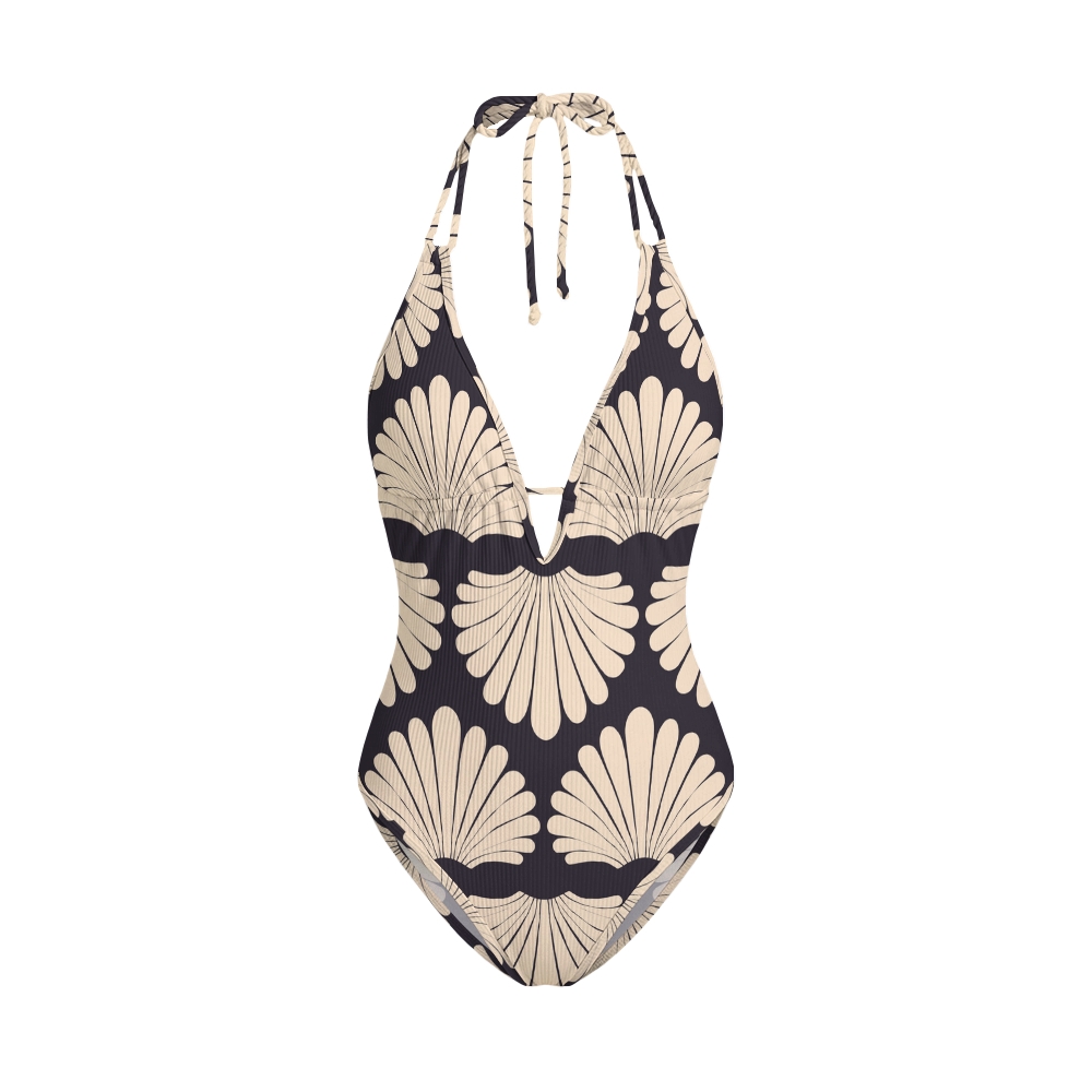 Shell Fan Print V Neck One-Piece Swimsuit