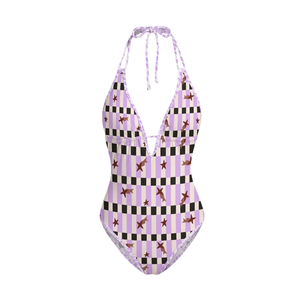 Purple Check Starfish Print V Neck One-Piece Swimsuit