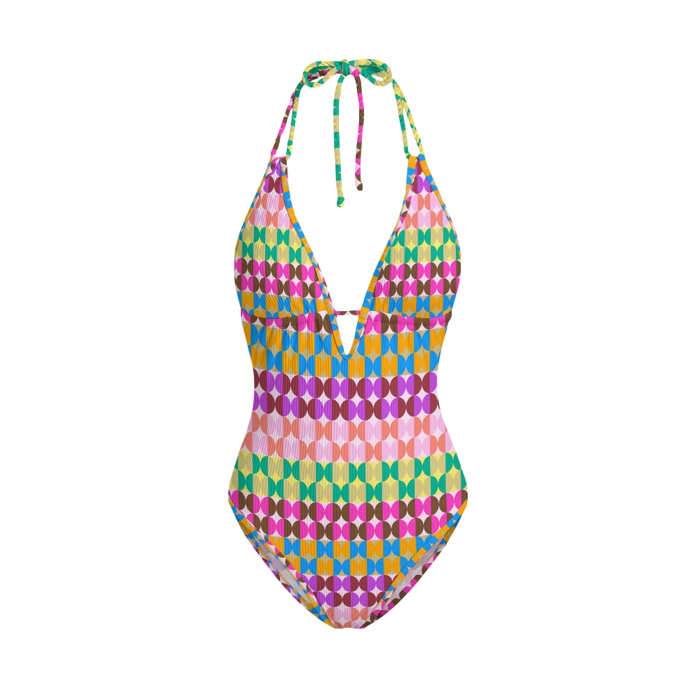 Multicolor Geometric Tile Print V Neck One-Piece Swimsuit