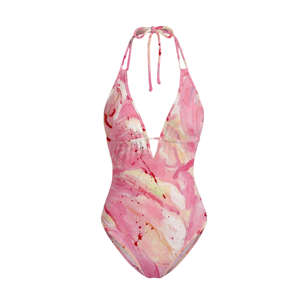 Pink Watercolor Splash Print V Neck One-Piece Swimsuit