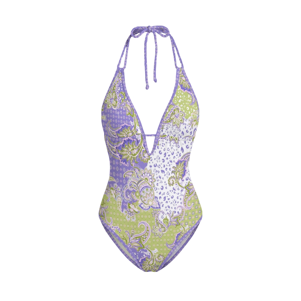 Lilac Paisley Print V Neck One-Piece Swimsuit