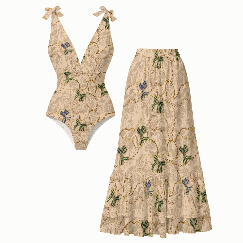 Apricot Base Baroque Chain Bow Print Deep V One Piece Swimsuit With Matching Skirt