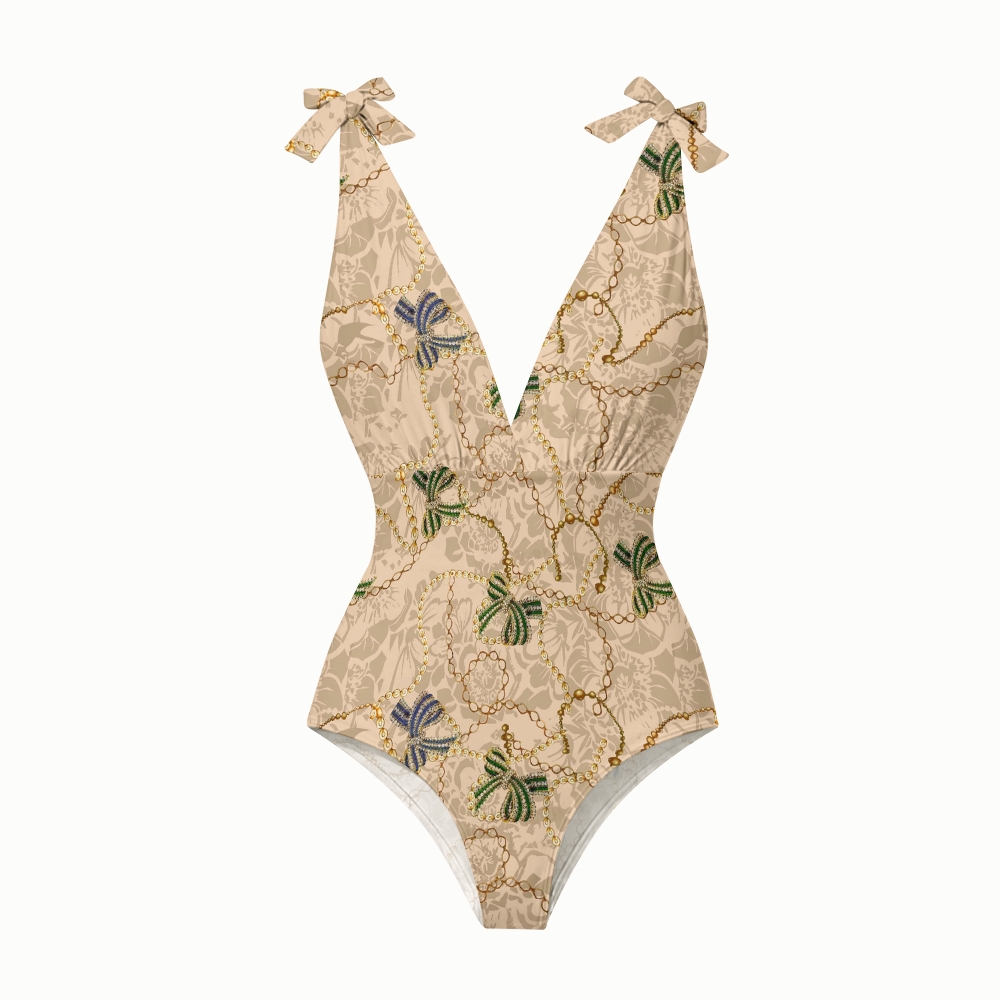 Apricot Base Baroque Chain Bow Print Deep V One Piece Swimsuit With Matching Skirt