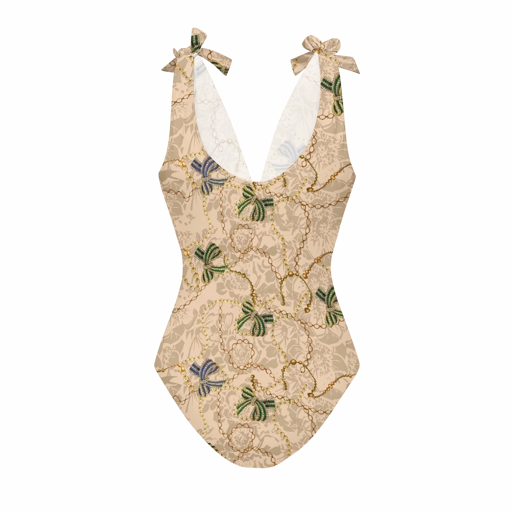 Apricot Base Baroque Chain Bow Print Deep V One Piece Swimsuit With Matching Skirt