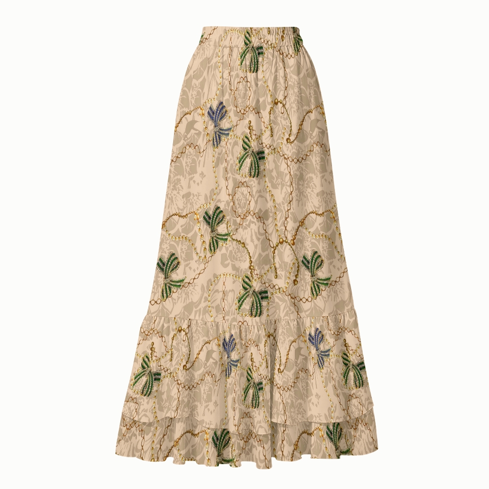 Apricot Base Baroque Chain Bow Print Deep V One Piece Swimsuit With Matching Skirt