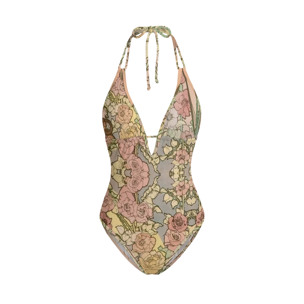 Vintage Rose Print V Neck One-Piece Swimsuit