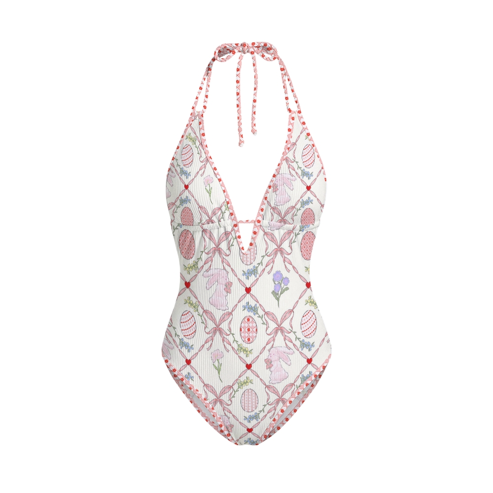 Easter Bunny Ribbon Print V Neck One-Piece Swimsuit