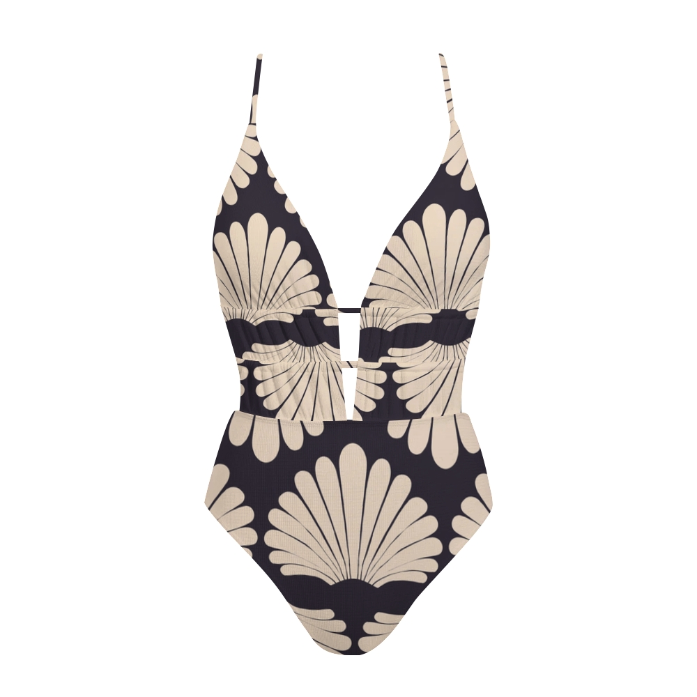 Shell Fan Print Plunge One-Piece Swimsuit