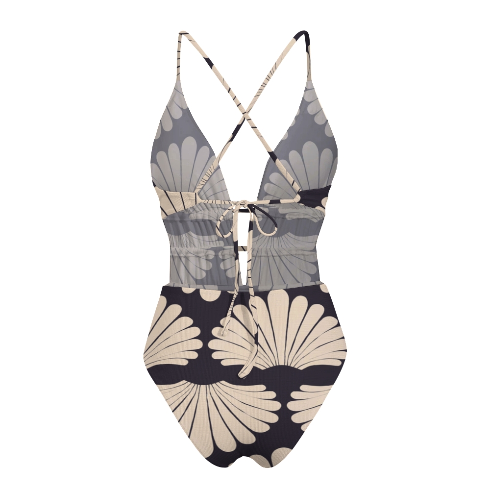Shell Fan Print Plunge One-Piece Swimsuit