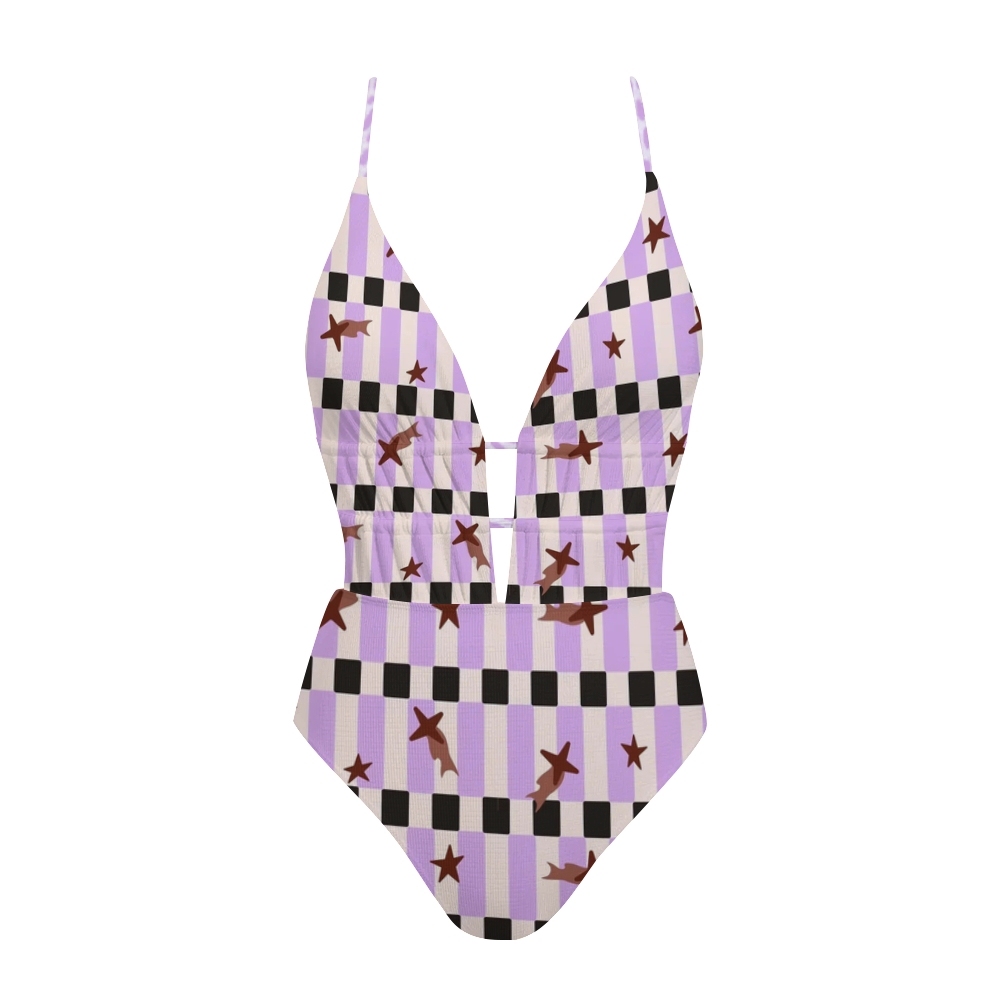 Purple Check Starfish Print Plunge One-Piece Swimsuit