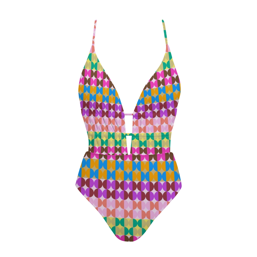 Multicolor Geometric Tile Print Plunge One-Piece Swimsuit