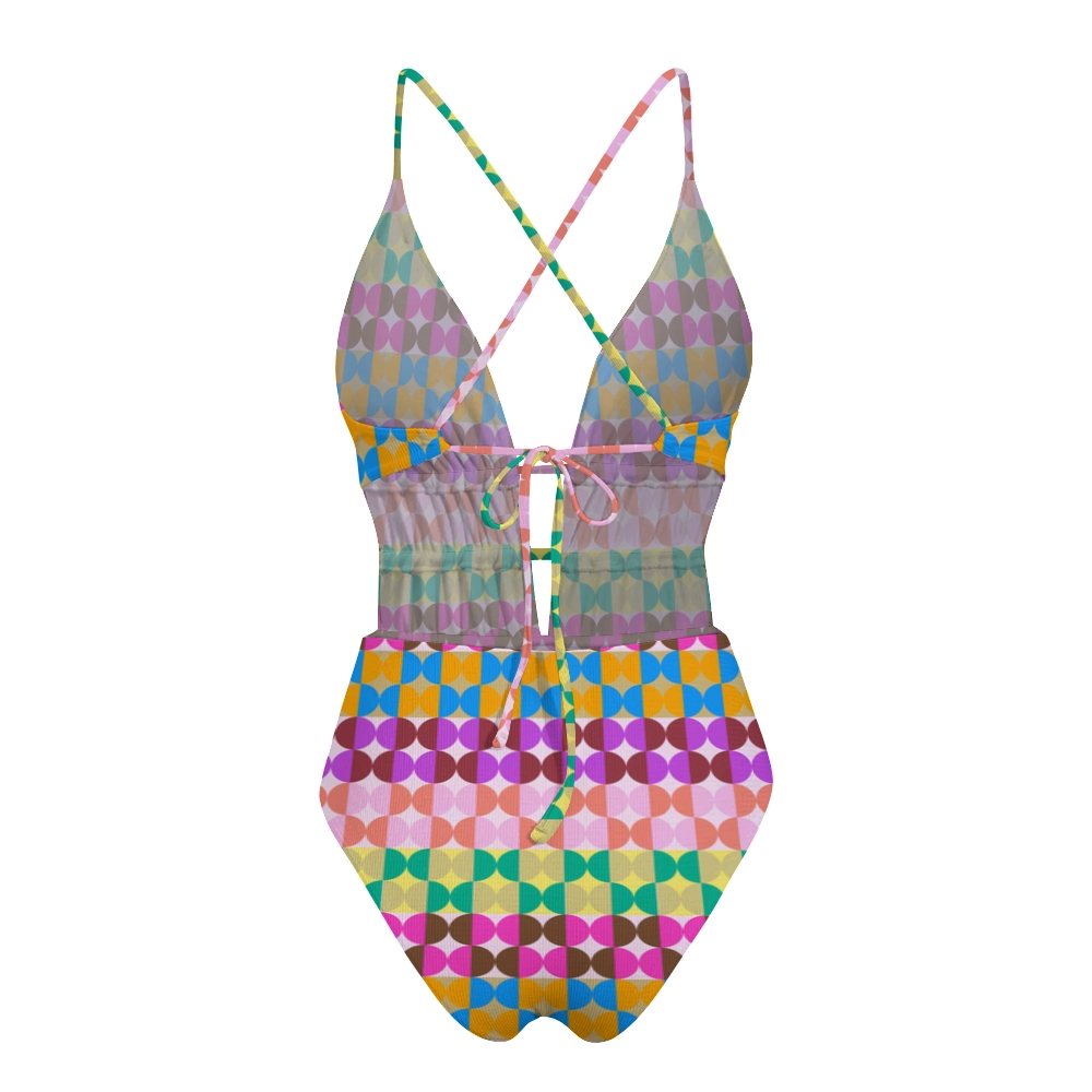 Multicolor Geometric Tile Print Plunge One-Piece Swimsuit
