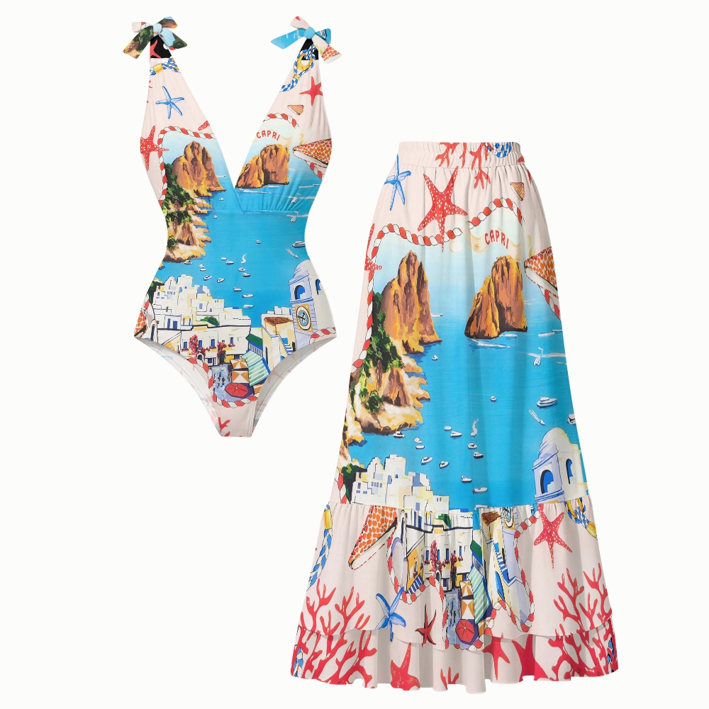Capri Vacation Print Deep V One Piece Swimsuit With Matching Skirt