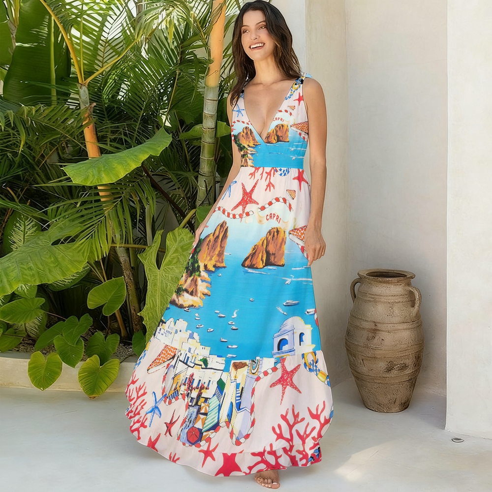 Capri Vacation Print Deep V One Piece Swimsuit With Matching Skirt